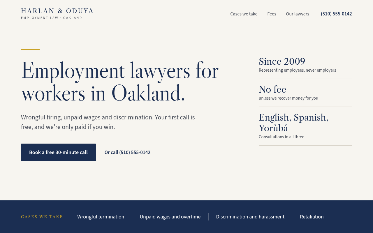 After: an example law firm hero, type only, headline Employment lawyers for workers in Oakland