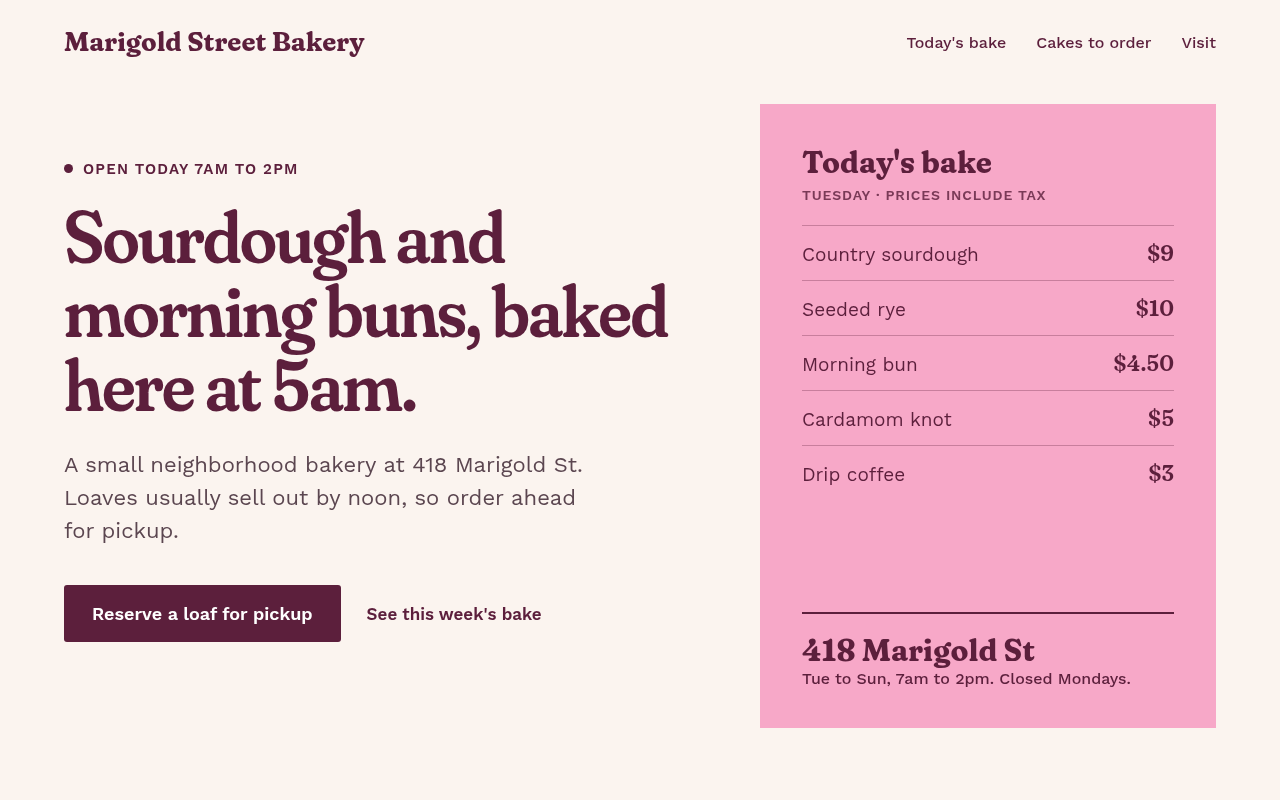 After: headline reads Sourdough and morning buns, baked here at 5am, beside a pink board with today's prices and hours
