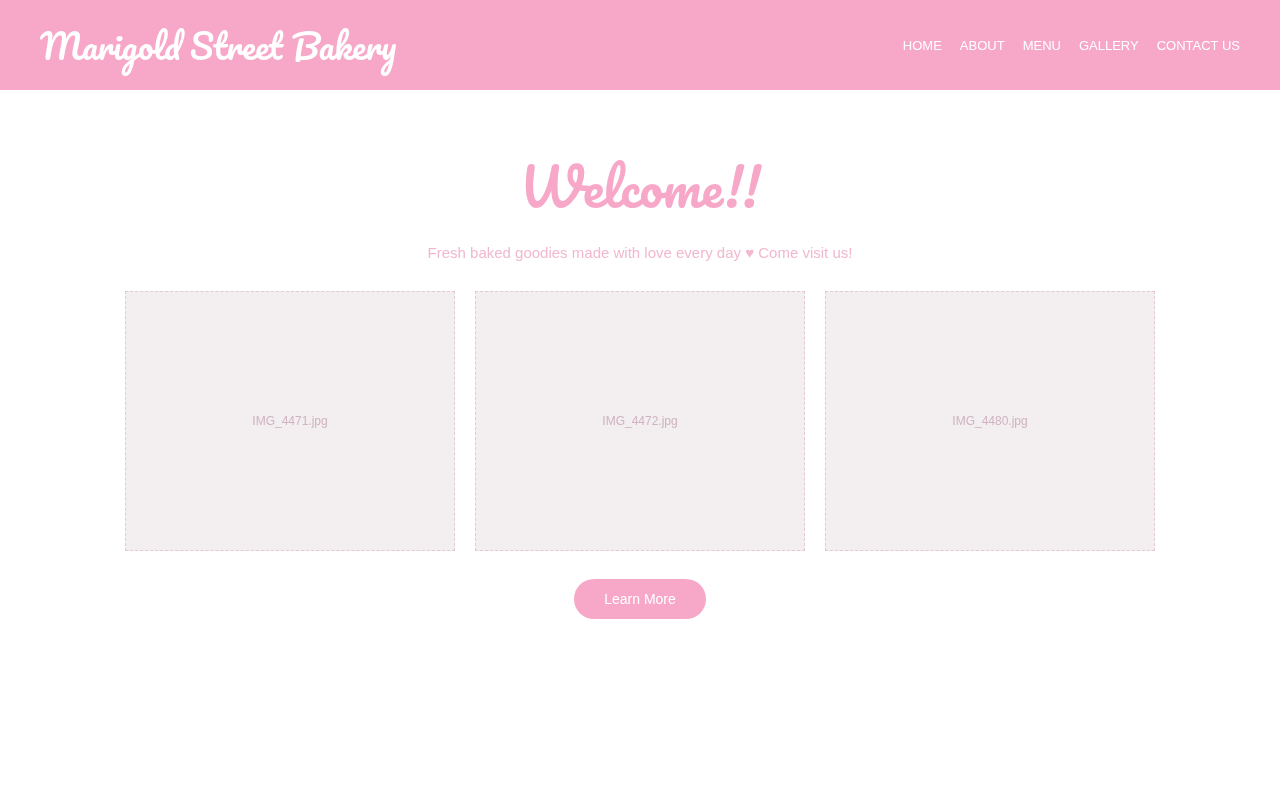 Before: a pink bakery homepage that says Welcome, with empty photo boxes and a Learn More button